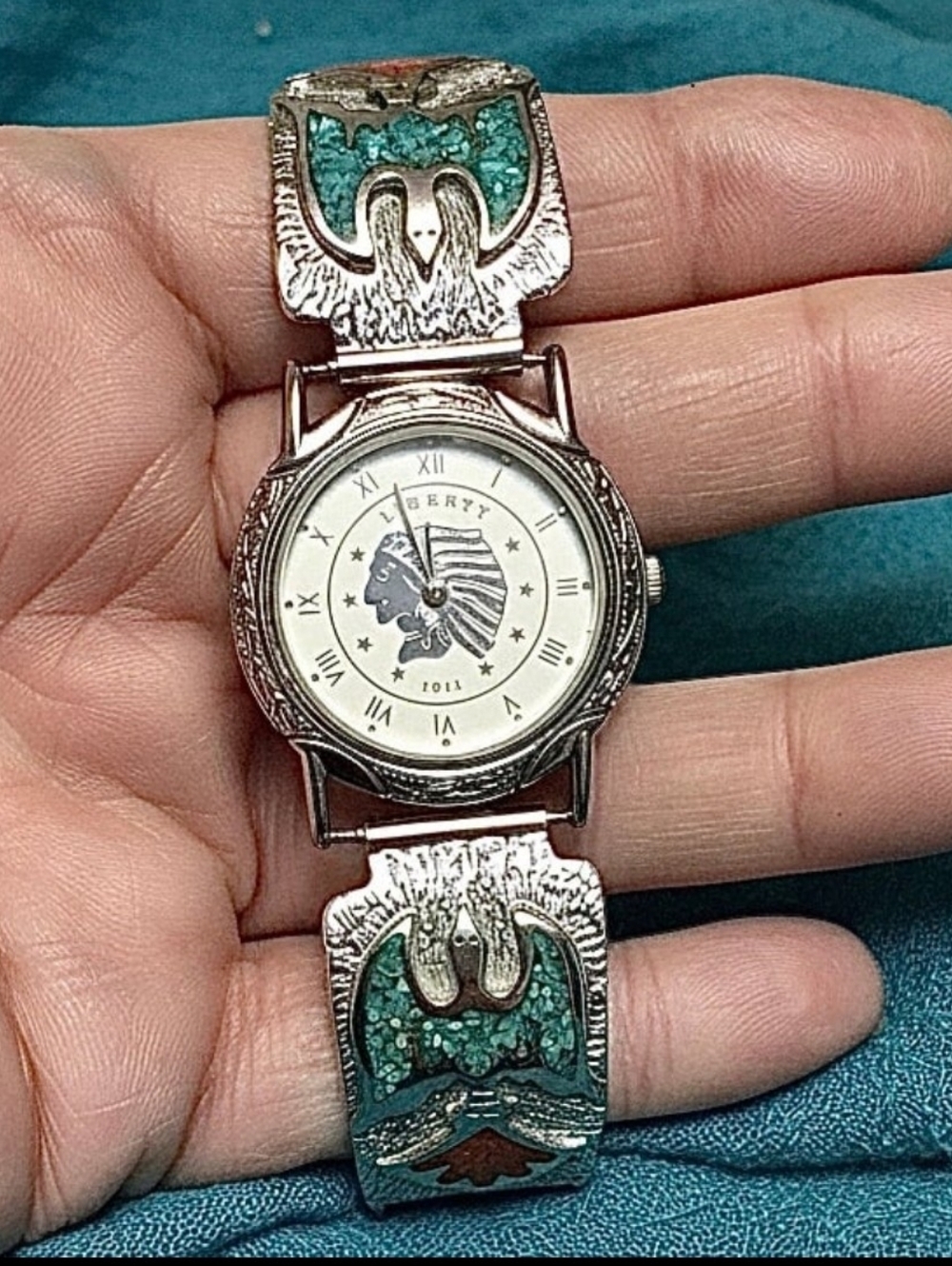 Men's Solid Silver Navajo Turquiose/Coral Thunder Tips -Native Motif Coin Watch
